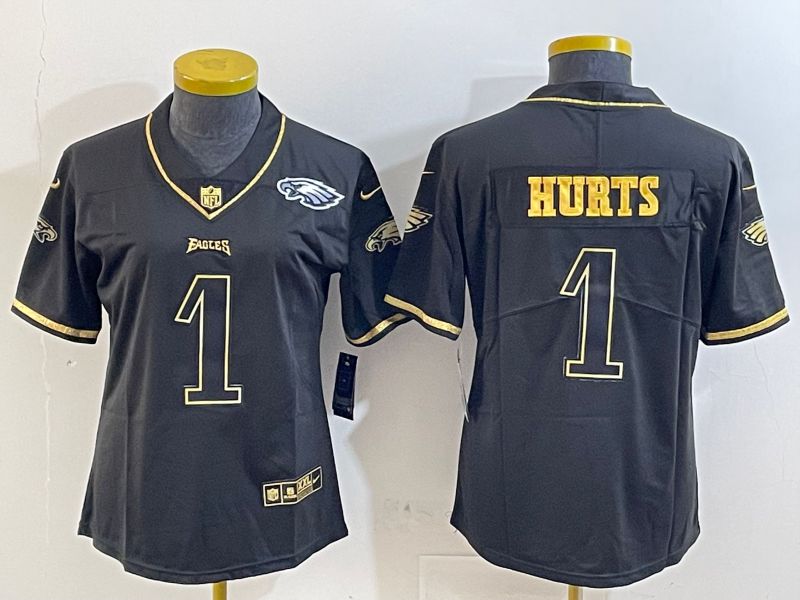 Youth Philadelphia Eagles 1 Hurts Black gold 2025 Nike Vapor Limited NFL Jersey style 3